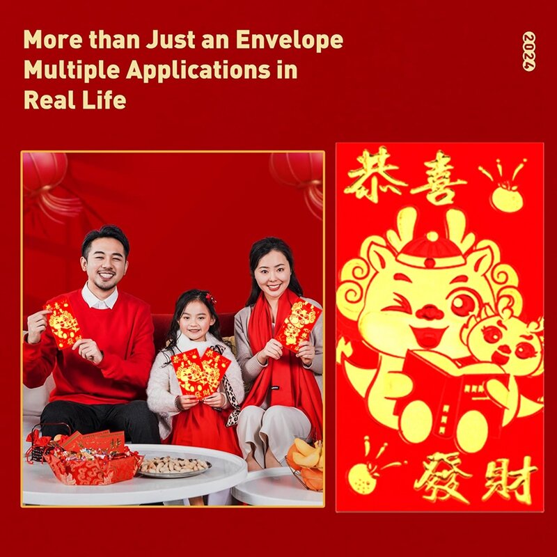 Envelopes vermelhos chineses duráveis, Envelopes chineses para dinheiro, Dragão Ano Novo Lunar, 6.5X3.5Inch, 6 Designs, 36pcs, 2024