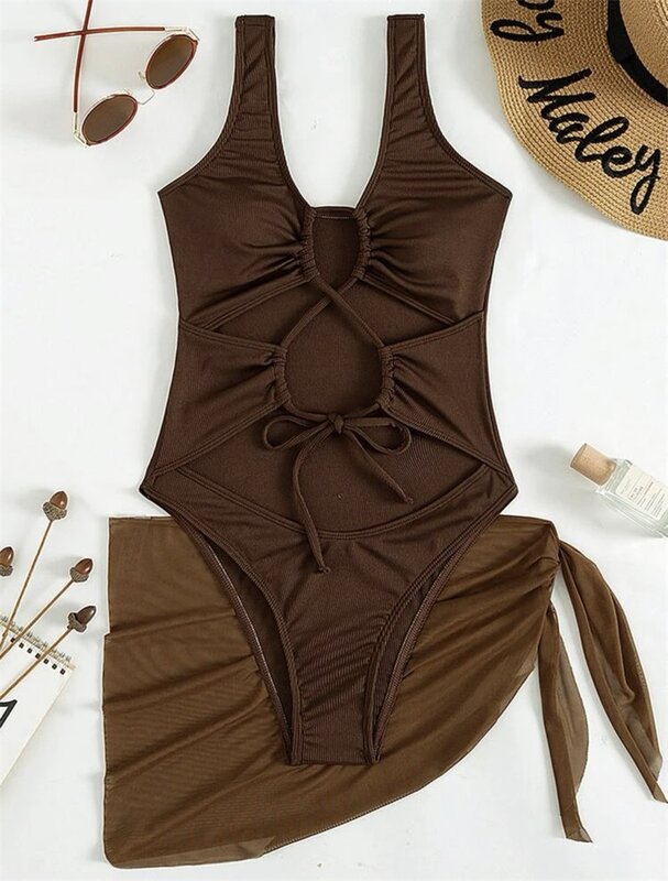 2 Piece Brown Women's Swimsuit Underwear+Short Mini Dress Summer Beach Holiday Sexy Hollow Casual Daily Hot Girl Streetwear