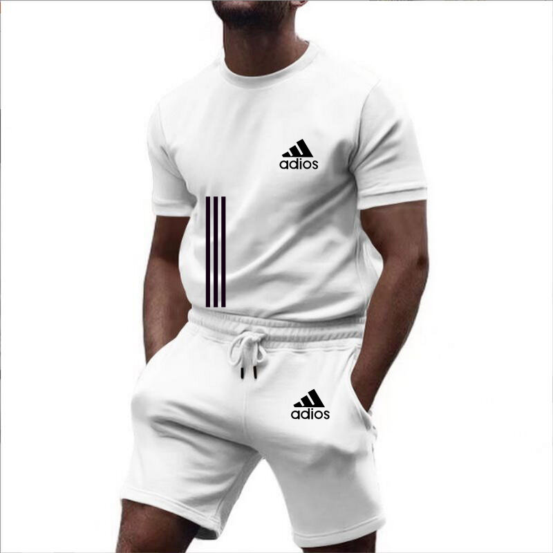 New Summer Men's Two Piece Set Waffle Fabric Casual T-Shirt And Shorts Set Mens Sports Suit Fashion Short Sleeve Tracksuit Men