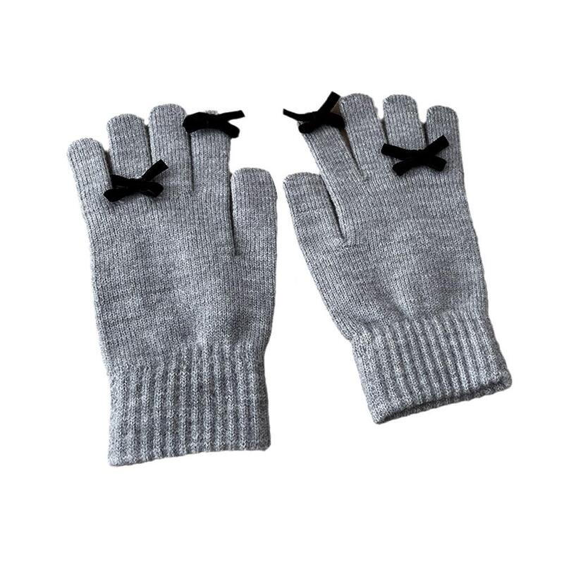 Теплые перчатки с пушистым бантом, перчатки для экрана на пальцах, зимние рождественские вязаные перчатки с бантом, подарки, декоративные женские вязаные варежки K8V0