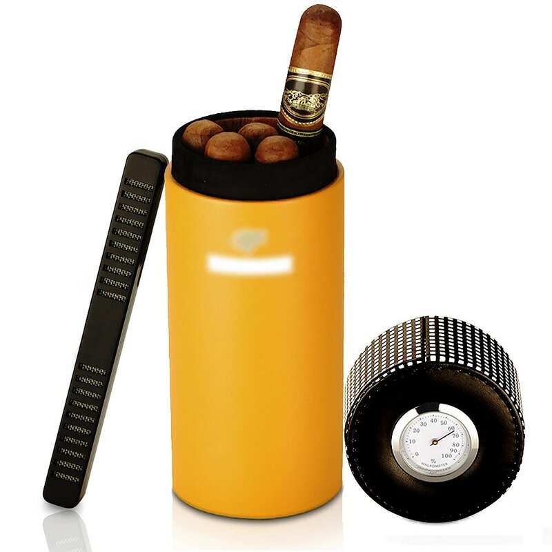 Humidificador de viaje de cuero, caja de cigarros portátil de madera de cedro, jarra con humidificador, higrómetro, caja de humidificador compatible con 5 cigarros