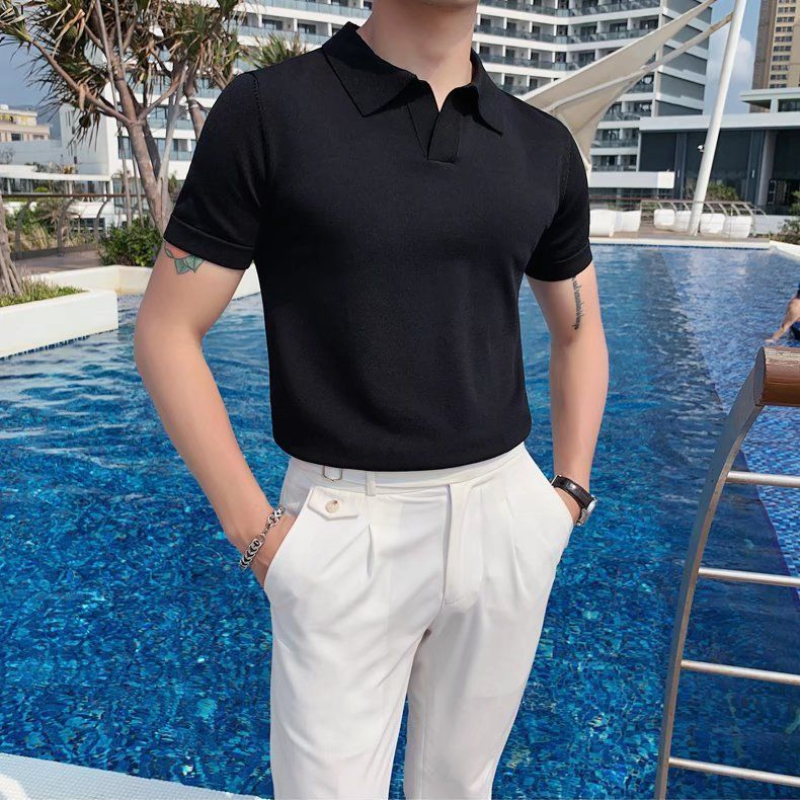 Estate uomo lavorato a maglia con scollo a v Slim Polo abbigliamento coreano Streetwear moda nuova manica corta Business Casual Versatile top