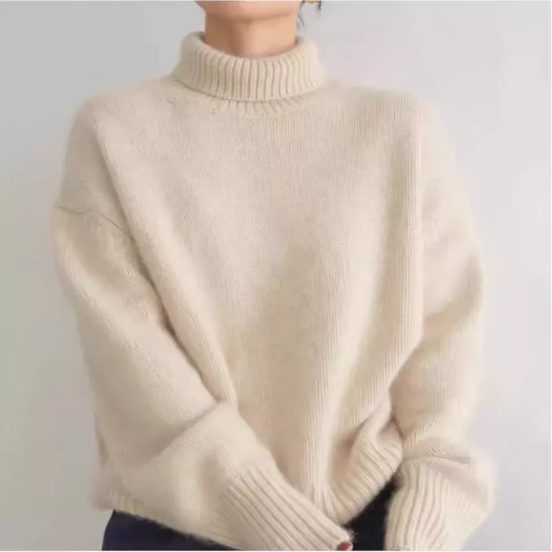 Pullover sweater wol rajut wanita, lengan panjang 100% kasual longgar leher tinggi musim gugur dan musim dingin