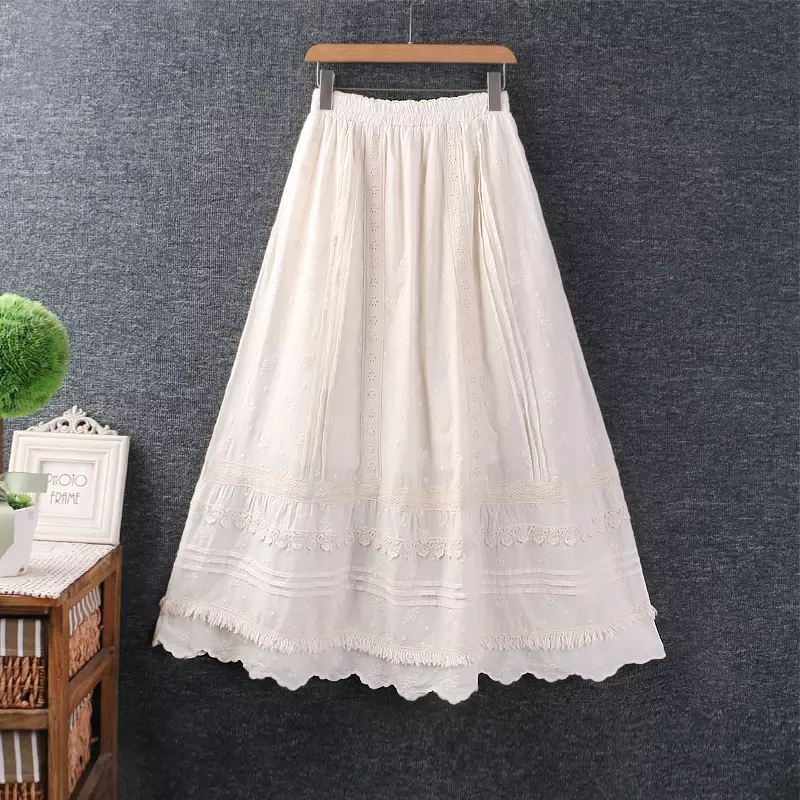 Spring Summer Japan Style Mori Girl Lace Solid Color Elastic Waist Cotton and Linen Loose Skirt For Women