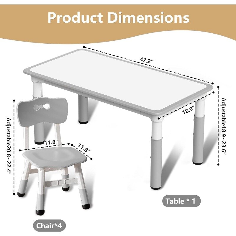 Luuyouu ชุดโต๊ะและเก้าอี้สำหรับเด็ก, เหมาะสำหรับ2ปี + เด็กปรับความสูงได้ชุดโต๊ะและเก้าอี้พร้อมโต๊ะ4ที่นั่ง