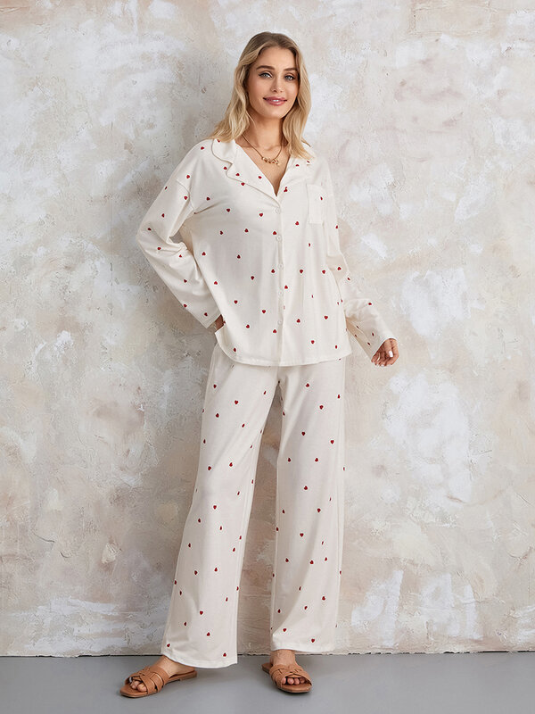 Women Fruit Printing Pajamas Lounge Set Y2K Floral 2 Piece Casual Outfits Set Long Sleeve Button Down Shirt Wide Leg Pants