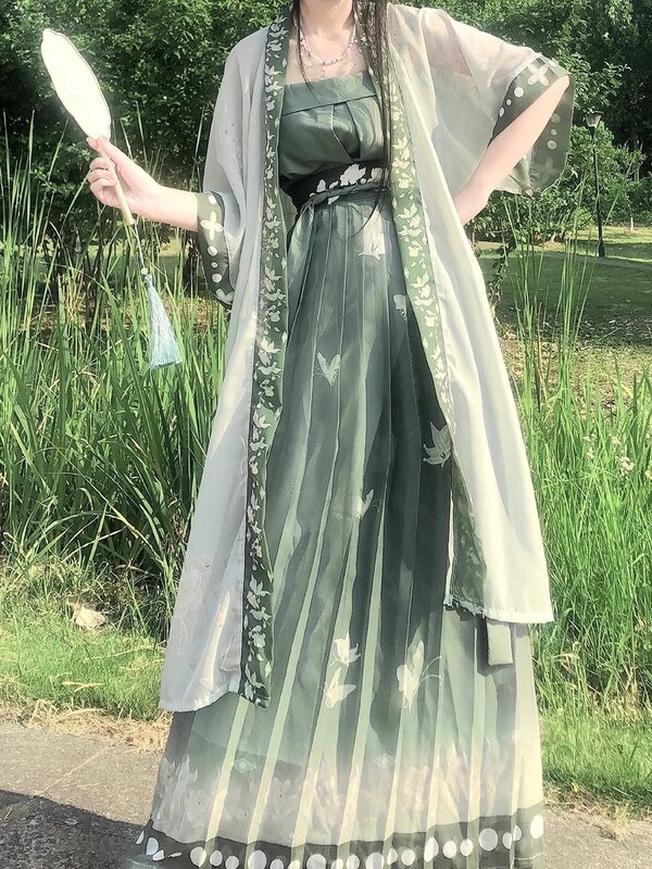 中国の漢服-3ピースのサマードレスセット,マキシ衣装,緑,流れる,古代中国の女性の刺繡