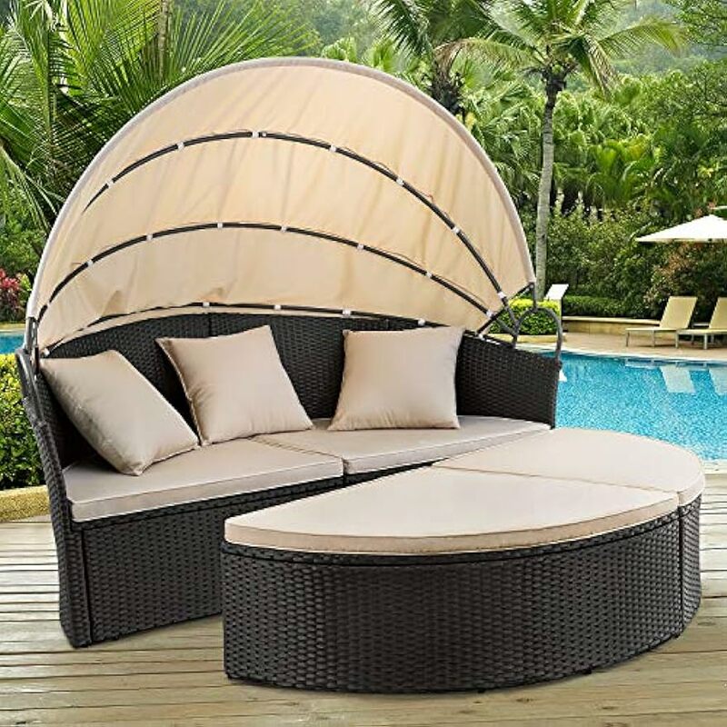 Patio Furniture Outdoor Round Daybed with Retractable Canopy Wicker Rattan Separated Seating Sectional Sofa for Patio Lawn