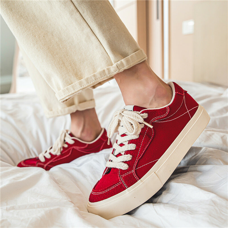 Clássico Vermelho Sapatos De Lona Homens Designer Lace-up Vulcanizado Sapatos Sapatilhas De Lona Moda Homens Respirável Casual Skate Sneakers