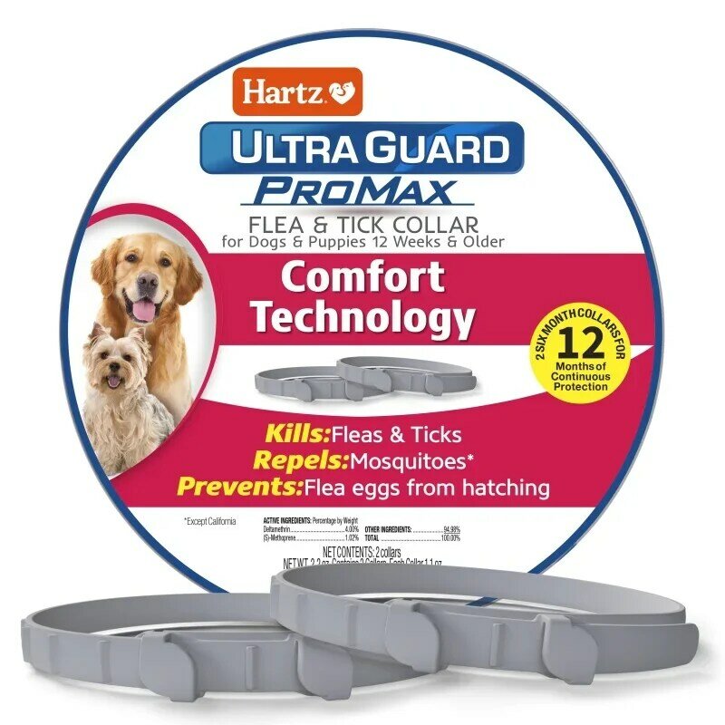 Collar de pulgas y garrapatas Hartz UltraGuard ProMax para perros y cachorros con tecnología de confort, gris, 2 paquetes