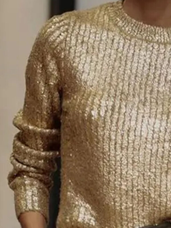 Suéteres de cuello redondo dorados para mujer, Jersey de punto de manga larga, informal, elegante, suelto, para oficina, otoño e invierno, 2023