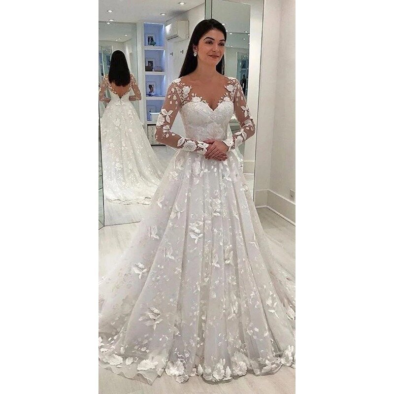 2024 nowe suknie ślubne z wysokim stanem luksusowe koronki głęboki dekolt w serek z długim rękawem sukienka długa suknia druhna ślubna przedsionek