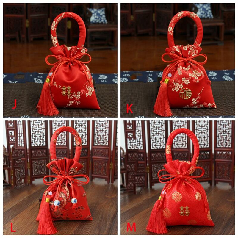 Tas serut merah pernikahan dengan rumbai brokat pengantin wanita dan pengantin pria permen tas paket hadiah kesukaan pernikahan