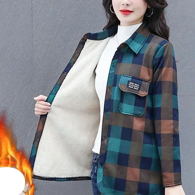 Tops Harajuku de terciopelo para mujer, ropa de abrigo informal holgada que combina con todo, camisa de celosía, Blusa de manga larga con botones, moda de otoño e invierno