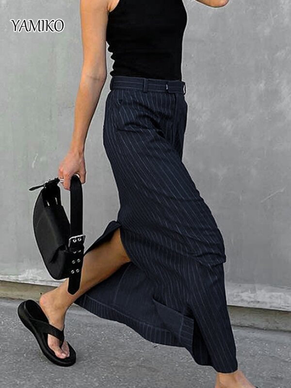 YAMIKO-saia listrada reta para mulheres, roupa profissional, saia longa e fina, moda francesa, fenda, primavera, 2022