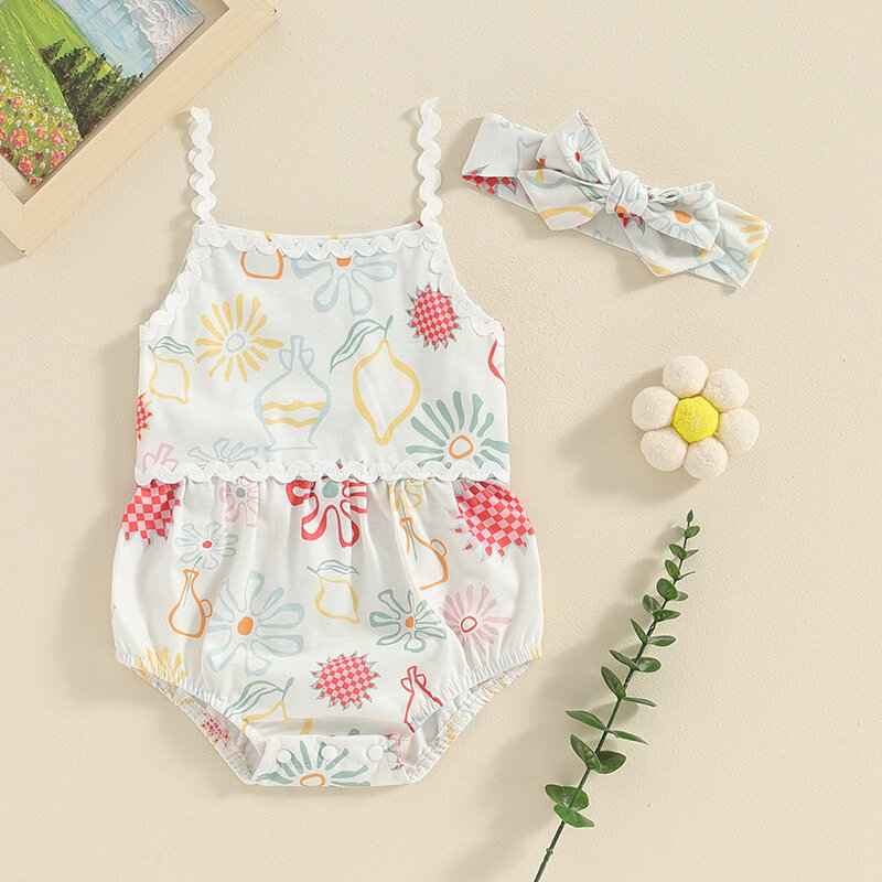 Baby Girls 2Pcs Summer Outfits Sleeveless Floral Print Strap Romper Headband Set Newborn Clothes