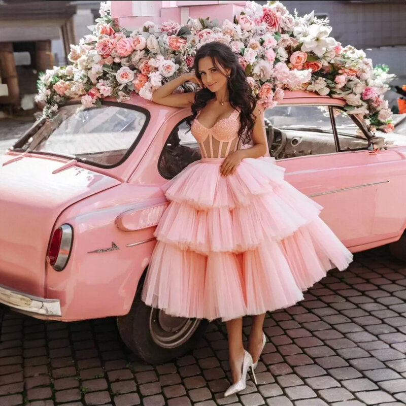 Pink Tiered Tulle Prom Vestido com cintas de espaguete, frisada Camadas, A-Line Puffy, plissado, elegante