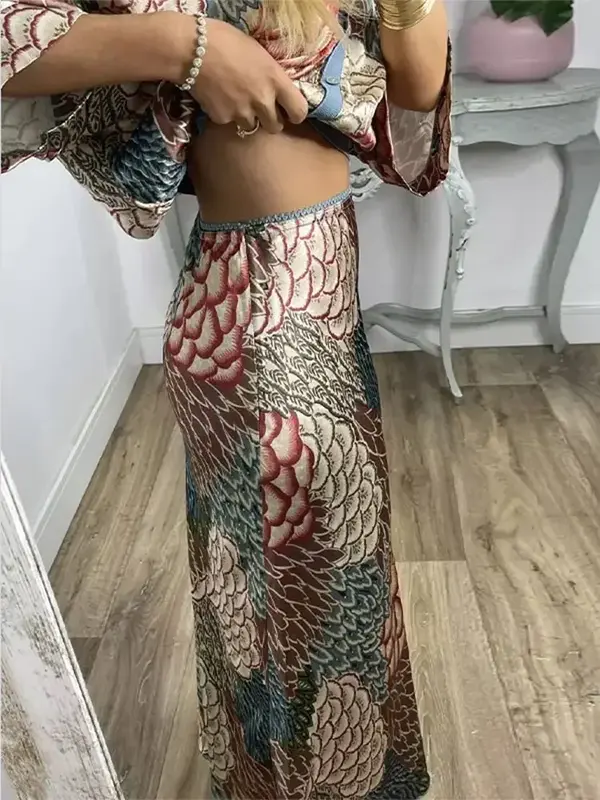Summer Chic Printed Long Skirt Sets Women Fashion V Neck Half Sleeve Single Breasted Shirt Suits 2024  Female Commuting  Outfits