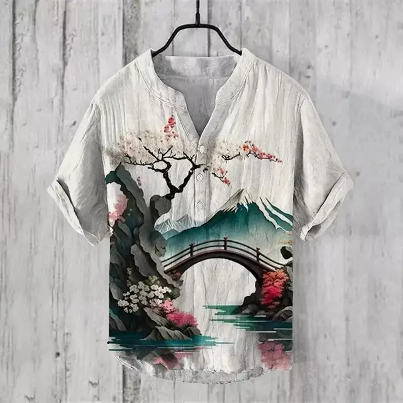 Luksusowy drukowany męski koszulka z dekoltem v z krótkim rękawem, bambusowy styk lniany oddychający top, koszula hawajska z trzema rzędami guzików