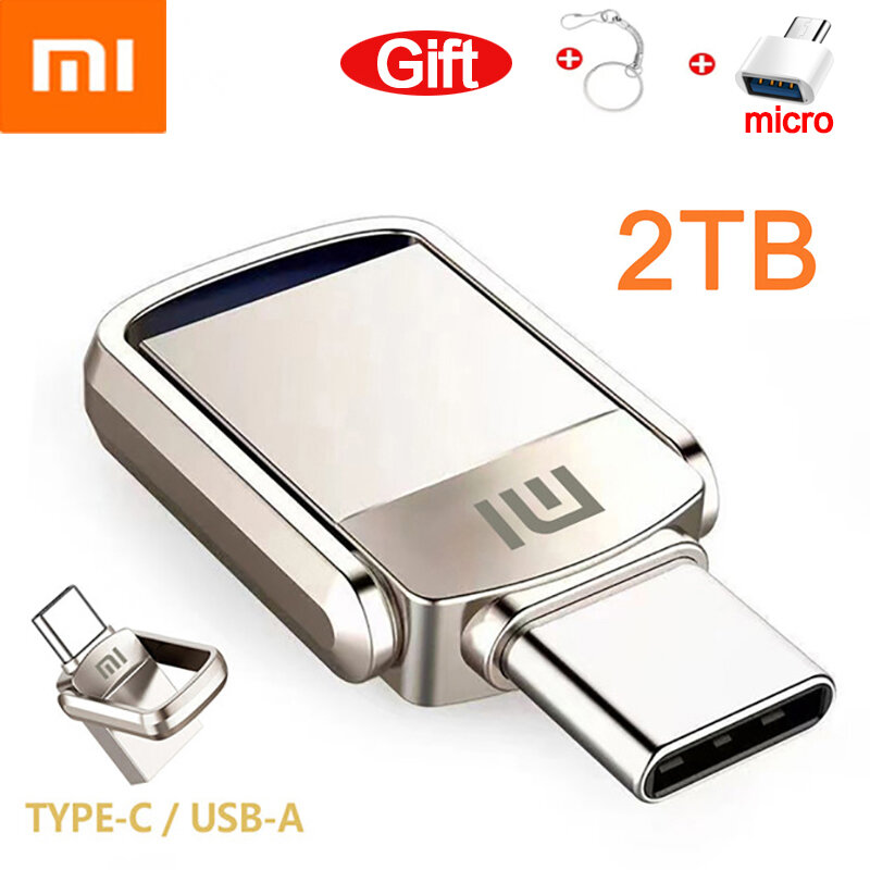 Adaptador Tipo C, Presentes, Novo, Xiaomi-Disco de Metal U Memory Stick, 2TB, 64GB, 512GB, 1TB, 2 em 1 OTG, USB 3.1, Pen Drives, 1024GB