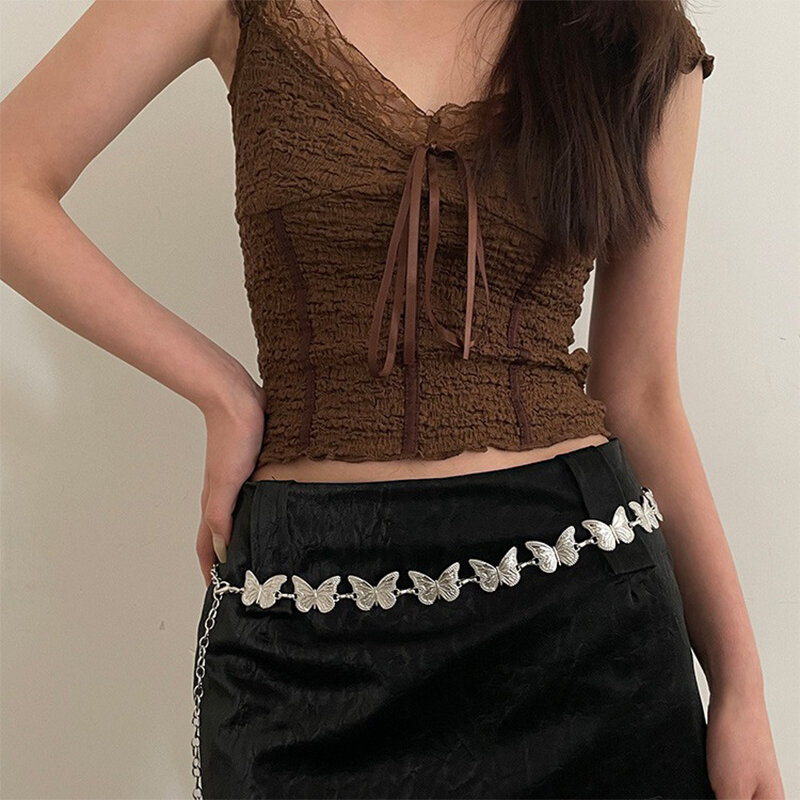 Cadena de cintura de mariposa plateada con personalidad para mujer y niña, cinturones de vientre de Metal Punk Simple, cadena de cuerpo, pretina