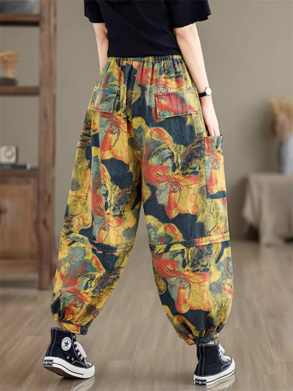 Retro Printed Denim Pants For Women 2024 Summer Wear Loose Fit Oversized Casual Lantern Trousers Versatile Cropped Jeans K962