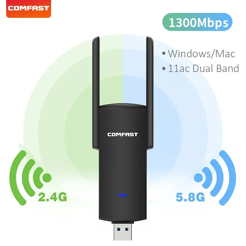 Adaptador USB WiFi com Antena Externa, Dual Band para PC, Dongle Ethernet, Receptor Wi Fi, Placa de rede, RTL8812BU, CU, 1300Mbps