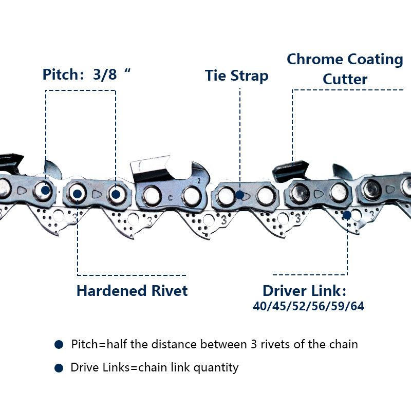 Corrente de motosserra para motosserra elétrica, 3/8 passo, peças sobressalentes, 40, 45, 52, 56, 59, 64 Drive Links, 10 ", 12", 14 ", 16", 18 ", 1PC