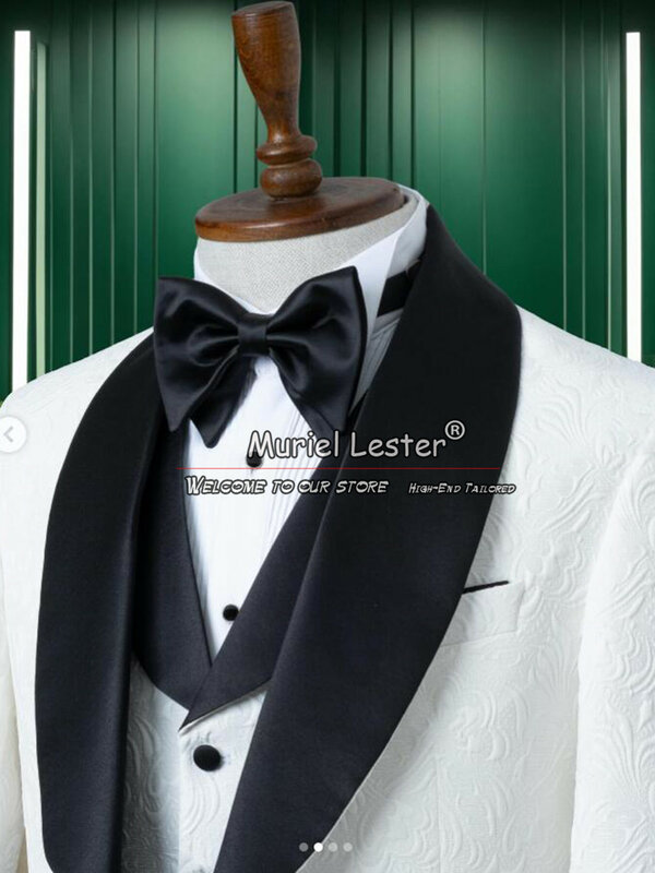 Elegant Jacquard Suits Men For Wedding  Black Velvet Lapel Floral Blazer Custom Made 3 Pieces Groom Wear Tuxedos Costume Homme
