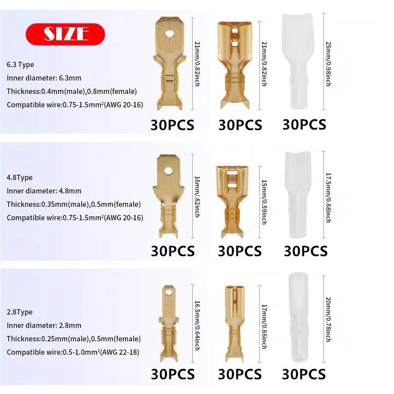 540pc/Set 6.3/4.8/2.8mm Male And Female Car Spade Connectors Splice Crimp Wire Terminals Assortment Kit With Insulating Sleeves