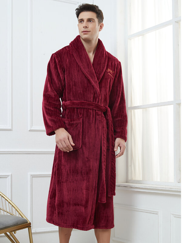 Albornoz Kimono largo de gran tamaño para hombre, ropa de dormir cálida de franela, ropa de salón suelta, bata de ducha gruesa de lana de Coral, Invierno