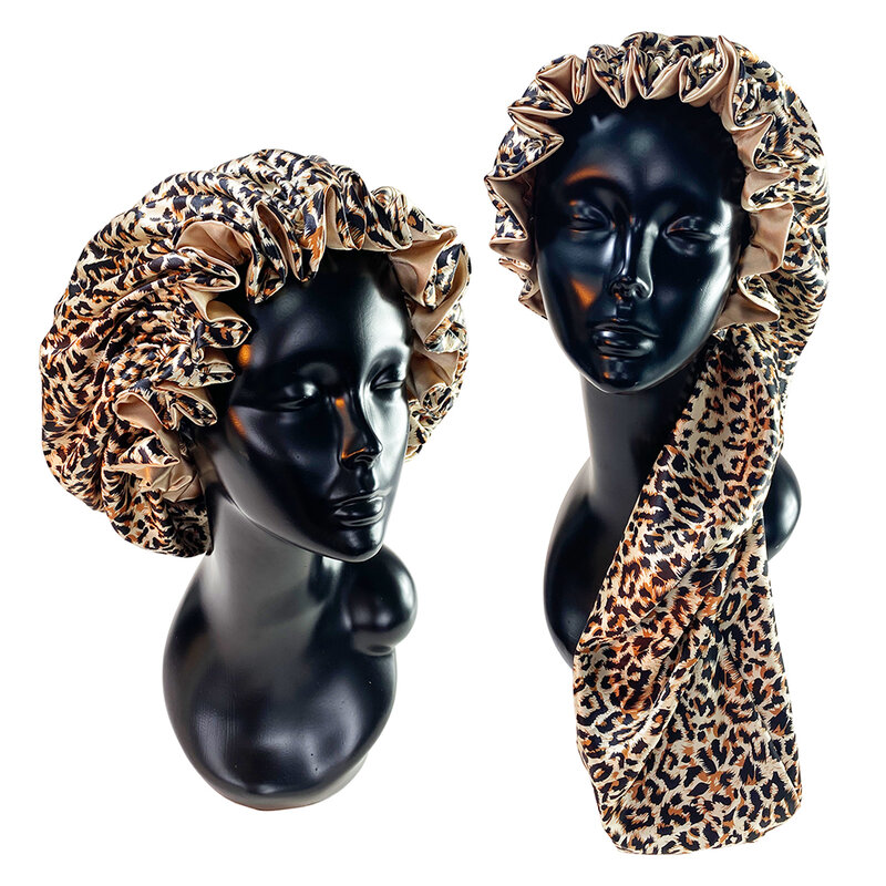 Leopard Print Double Layer Silky Bonnet, banda elástica ajustável, Satin Nightcap, alta qualidade, frete grátis
