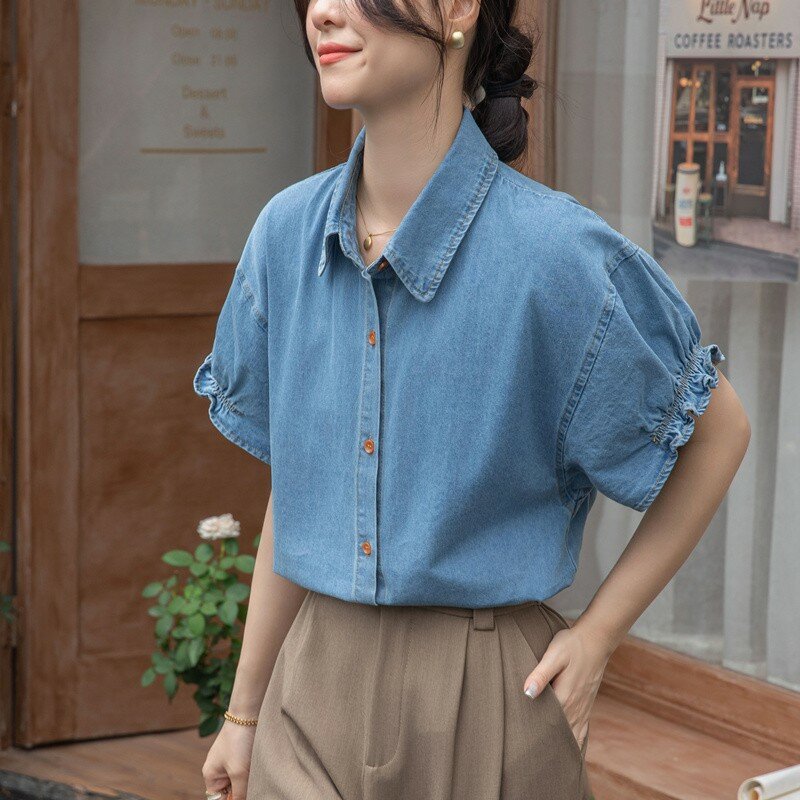 Женская джинсовая рубашка, Повседневная однотонная Свободная рубашка с коротким рукавом, в Корейском стиле, базовая модель W1757 на лето, 2024