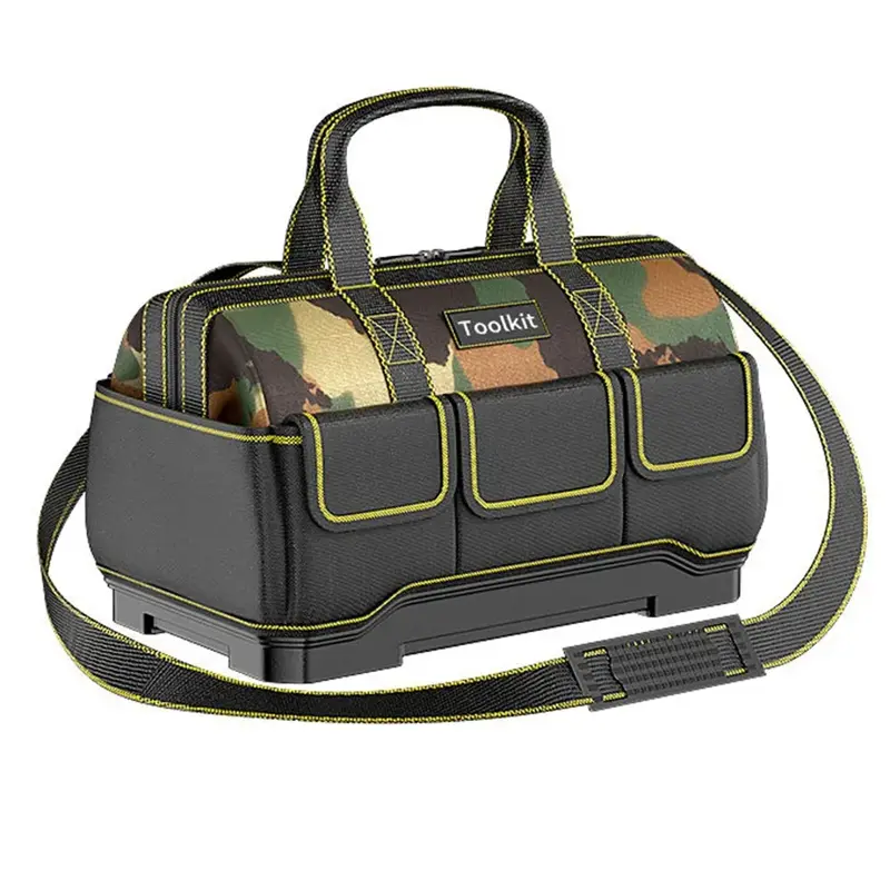 Camouflage Tool Bag with Plastic Bottom Shoulder Strap Multiple Pockets Tool Pounch Tool Storage Organizer for Electrician Tool