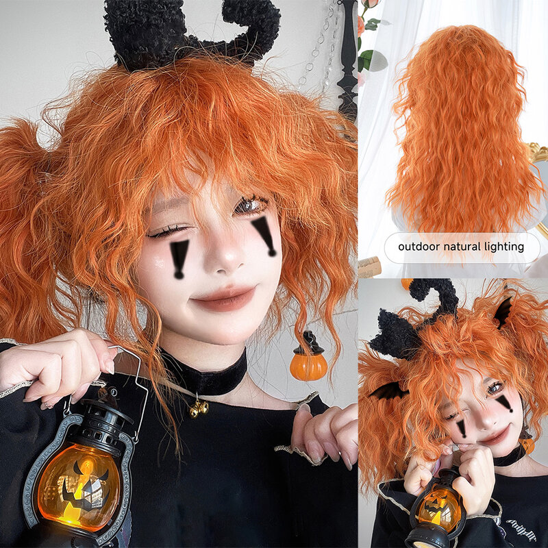 22Inch Fiery Orange Color Synthetic Wigs with Bang Long Natural Curly Hair Wig for Women Daily Use Cosplay Party Heat Resistant