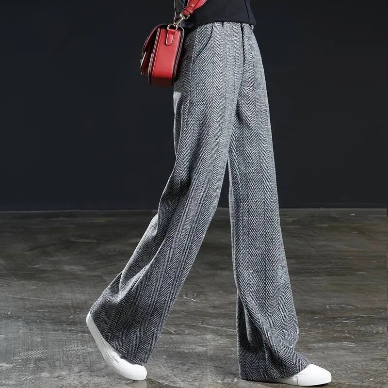 Herringbone padrão de lã ampla perna calças para a mulher 2022 primavera outono cintura alta calças retas calças senhoras fino terno calças