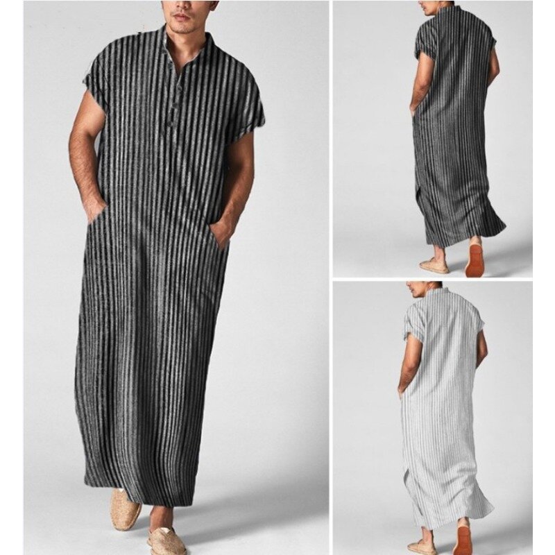 2023 Plus Size Muslim Fashion Arabia Dubai Loose Striped Short-sleeved Robe Arabic Shirt Kaftan for Man Muslim Men Clothing 5XL