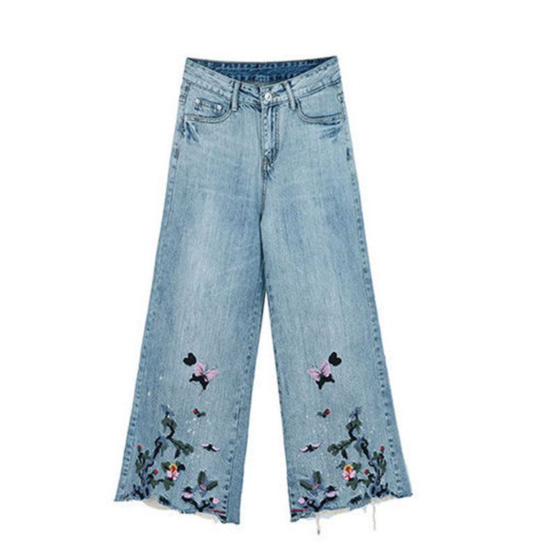 Джинсы-клеш Женские с вышивкой, тонкие брюки с завышенной талией, в этническом стиле, Свободные повседневные укороченные джинсы с широкими штанинами, лето