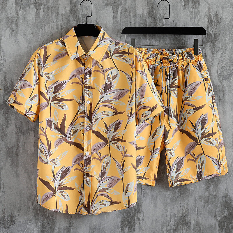 Conjunto de 2 peças de praia havaiana de secagem rápida masculina, camisa e shorts soltos casuais, agasalho estampado, roupas masculinas, roupas de verão