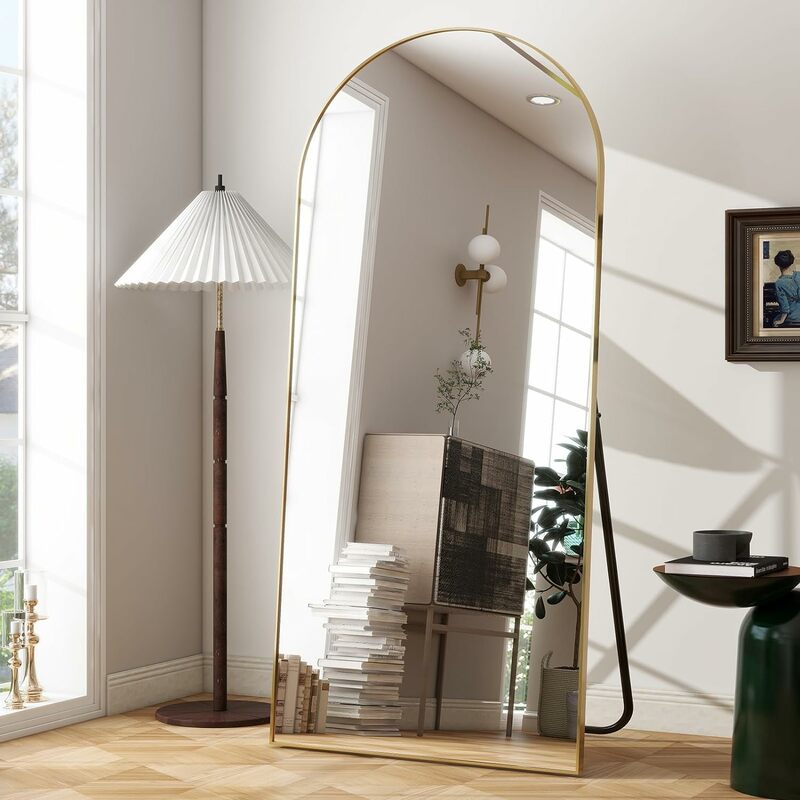 Espejo arqueado de longitud completa, marco de aluminio colgante de pie libre, decoración moderna del hogar, Kit de instalación Simple ligero incluido