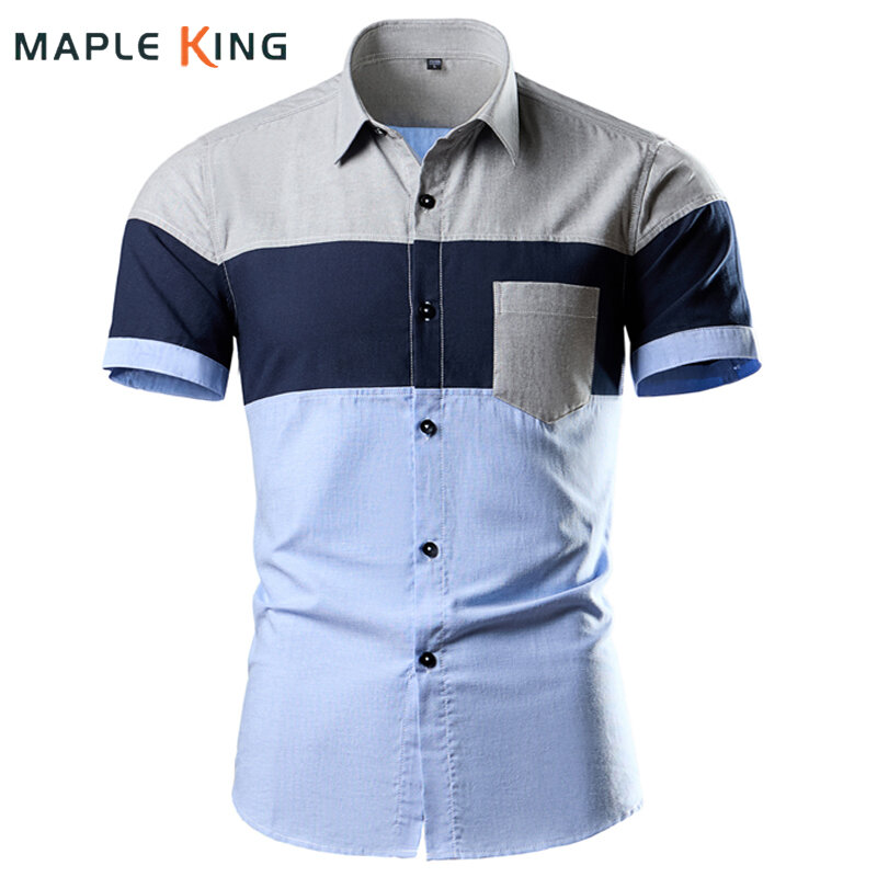 Męska moda kolor patchworku koszule Oxford koreański styl letni Business Camisa Hombre męska formalna koszula odzież robocza z krótkim rękawem