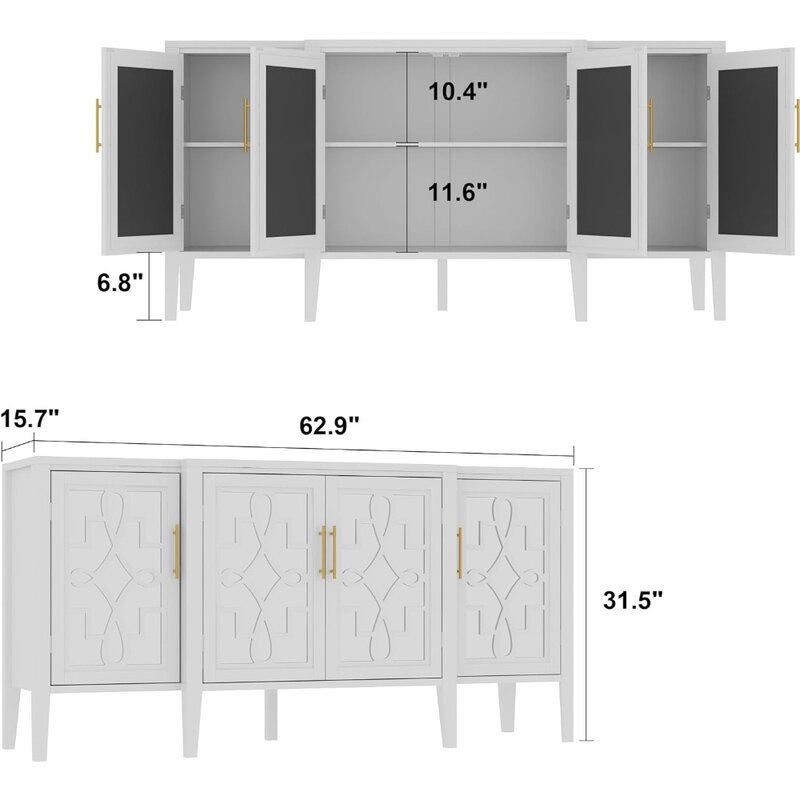 خزانة بوفيه جانبية محدبة مع 6 أقسام تخزين و 4 أبواب مرآة منحوتة ، طاولة مطبخ وحدة تخزين