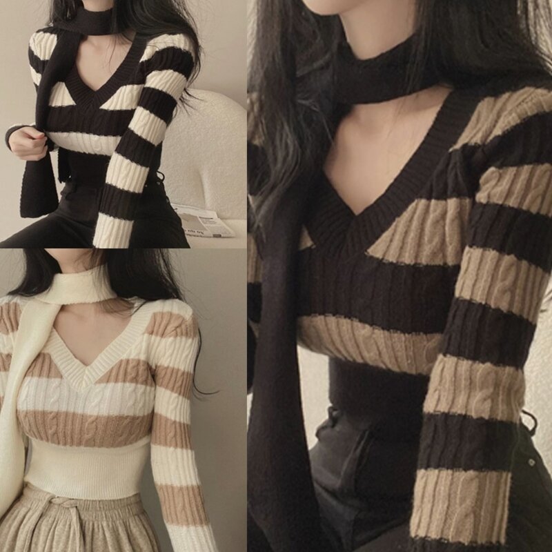 Pulôver feminino manga comprida com decote V tricotado listrado suéter recortado com lenço