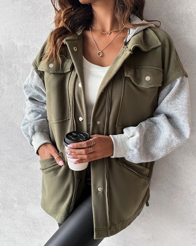 Women's Casual Colorblock Pocket Design Buttoned Jacket Female Clothing New Winter Woman Fashion Hooded Long Sleeve Coats