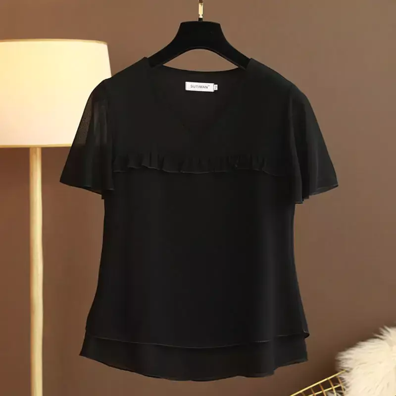 Ponadgabarytowa luźna krótka rękaw szyfonowa bluzka damska bluza z wycięciem w serek 2022 lato jadalne drzewo grzyb topy Casual Fashion Women Shirt