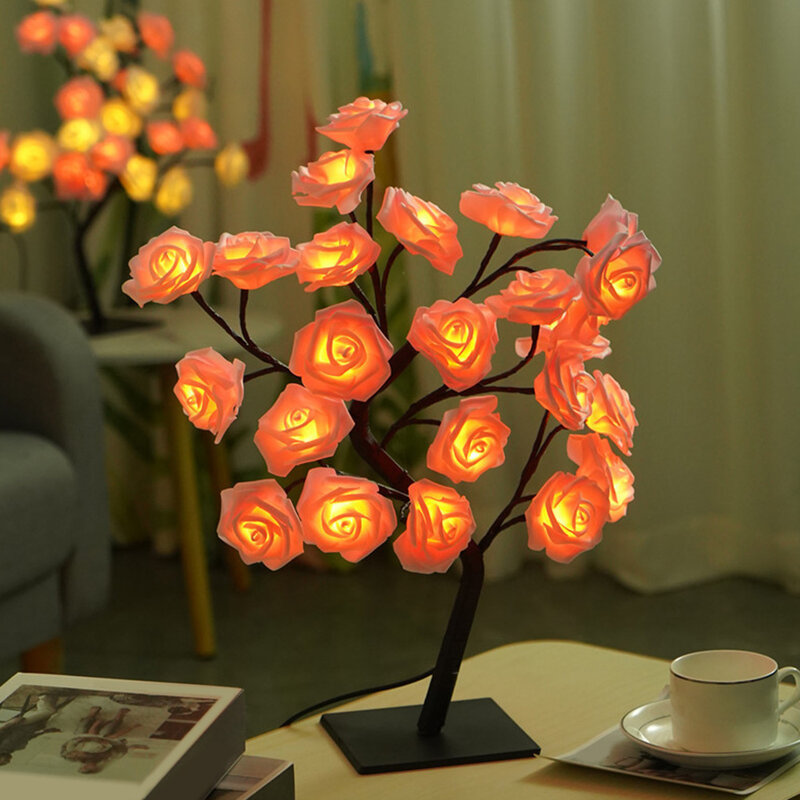 Lampu pohon mawar LED 24 lampu malam bunga LED bertenaga USB lampu untuk dekorasi rumah luar ruangan hadiah pernikahan dekorasi kamar tidur