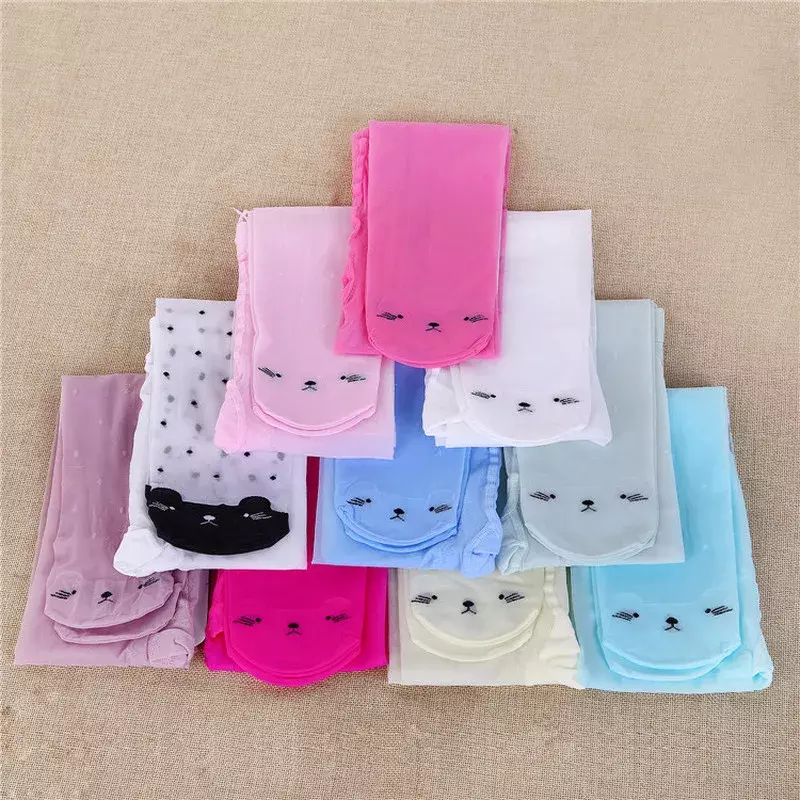 Spring Summer Tights for Girls Cartoon Thin Silk Pantyhose Kids Candy Color Dot Dance Stocking Child Girls Tights with Cats