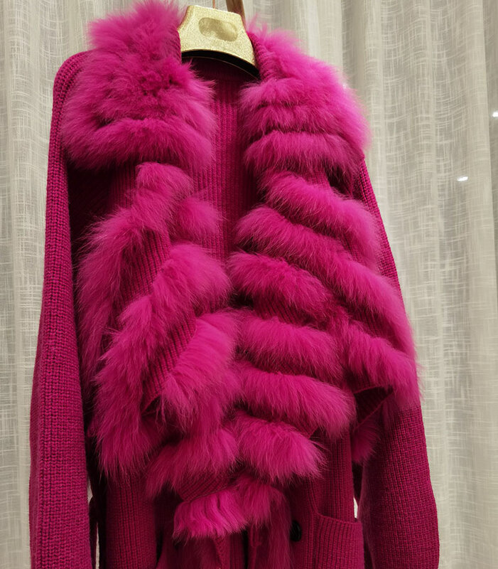 Женское осеннее вязаное шерстяное пальто с воротником из натурального Лисьего меха, длинным рукавом, Женская куртка с отделкой из натурального меха
