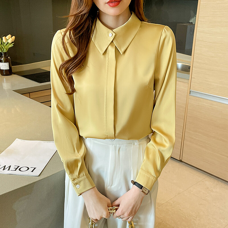 Women V-Neck Chiffon Blouse and Tops Females Clothing Elegant Fashion Button Long Sleeve Pullover Tops Solid Shirt Office Ladies