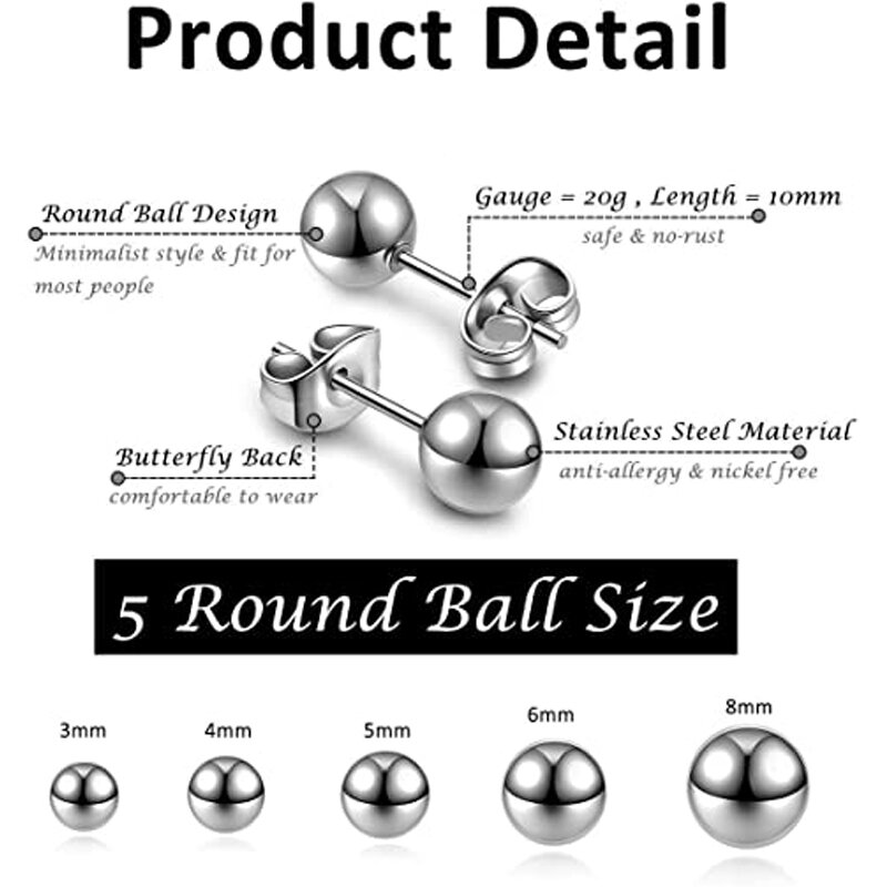10 Pairs Hypoallergenic Silver Ball Stud Earrings Set Bundle with Silver Round Matte for Women Girls Sensitive Earrings
